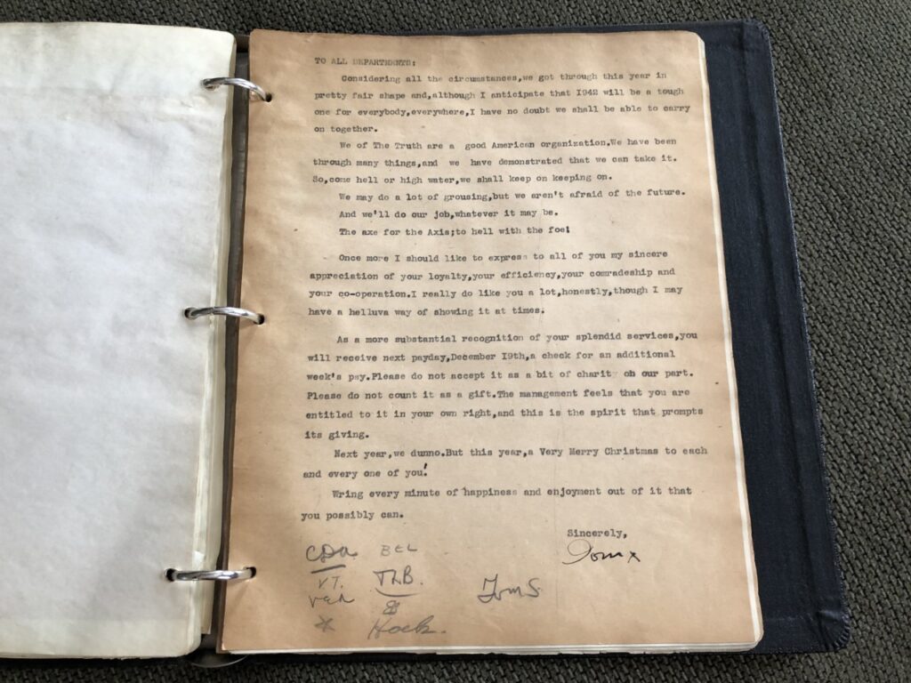 Tom Keene's holiday memo to Truth staff, undated but likely written Dec. 12-18, 1941